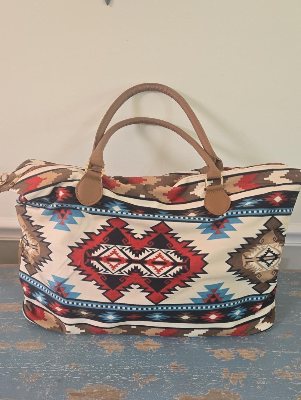 Classic Aztec-Print Weekender Bag with Tan Faux Leather Handles